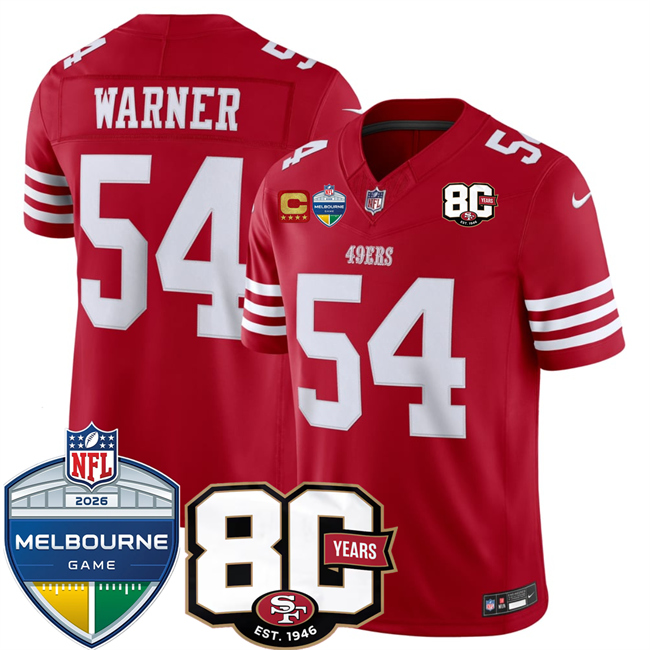 Men's Red San Francisco 49ers #54 Fred Warner 80th Anniversary And Melbourne Game Patch 2026 F.U.S.E. Vapor Untouchabl2026 F.U.S.E. Vapor Untouchable Limited Stitched Football Jersey